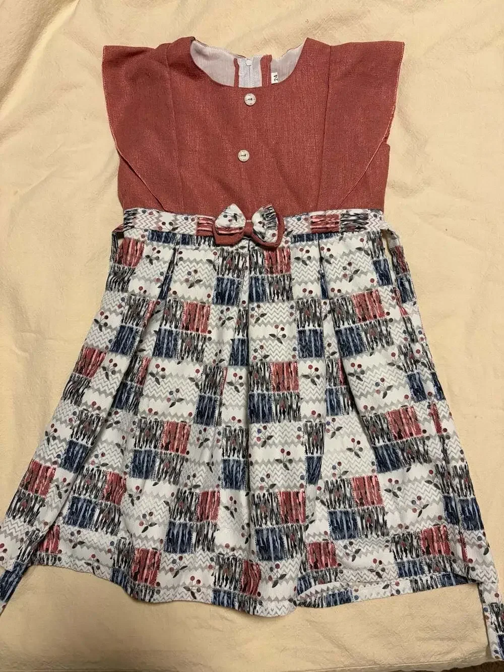 ZULAK Girls Dress Size 24 Red Blue Patchwork Cherry Print